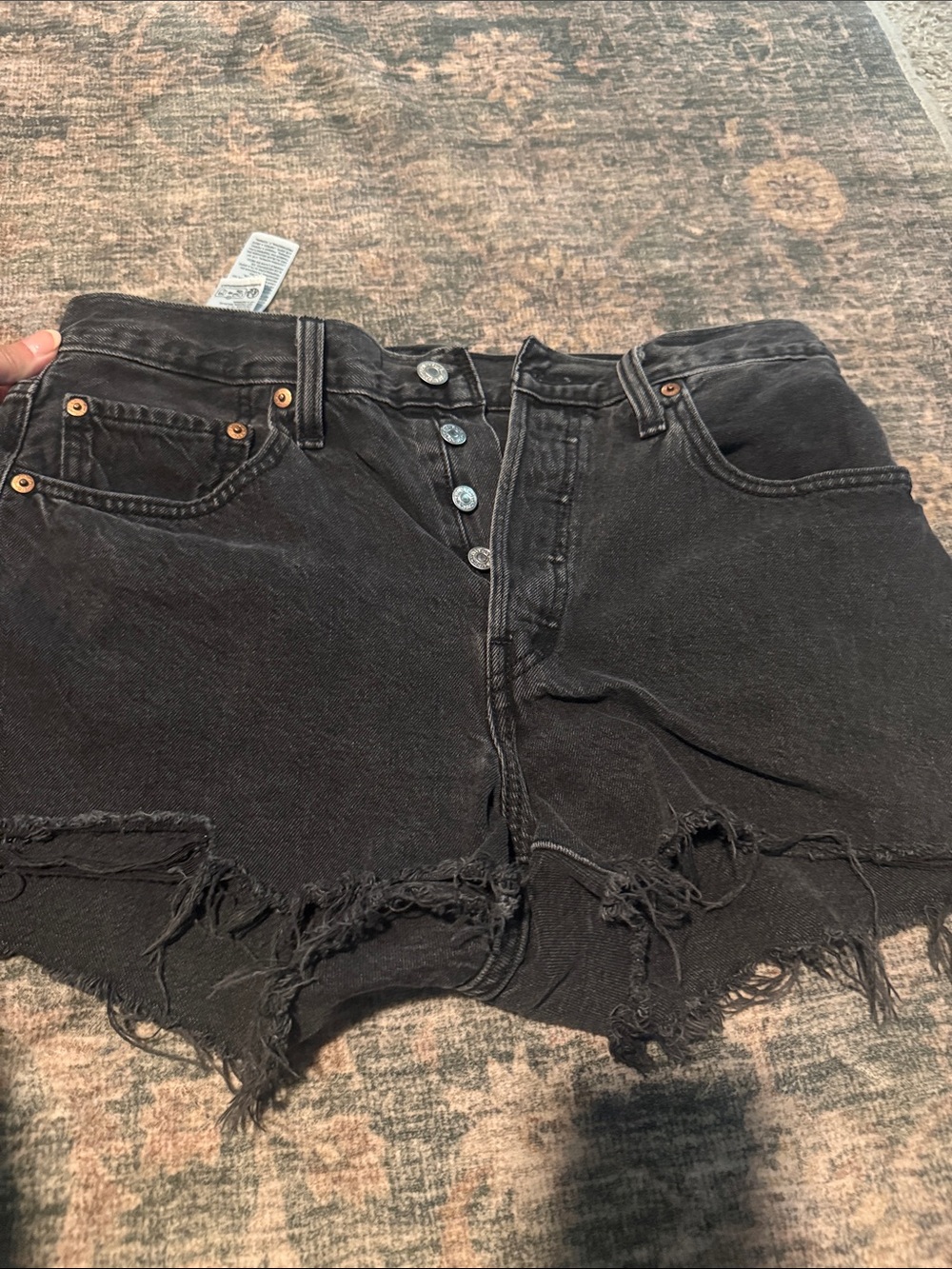 Levi's Black Button-Fly Frayed Denim Shorts 501